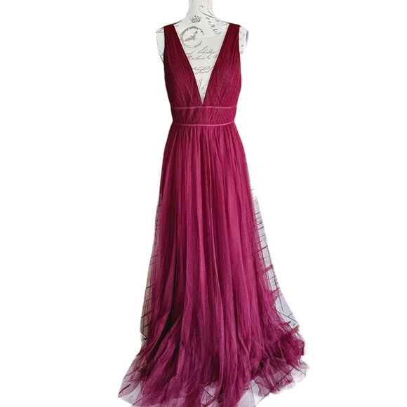 Jenny Yoo Collection x Anthropologie Sarita Rich Cabernet Tulle Maxi Dress Sz 8 - Picture 3 of 10